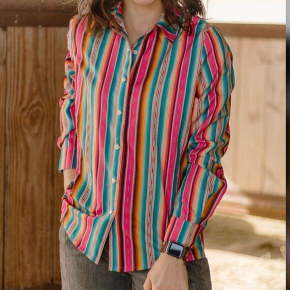 Western Cowgirl Aztec SerapeāPrint Long Sleeve Pearl Snap Casual Top New - Picture 5 of 12